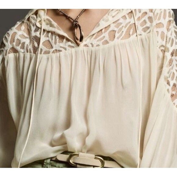 Anthropologie Let Me Be Lace Sheer Blouse Boho Cream L/Sleeve Peasant Top S NEW - Picture 3 of 9